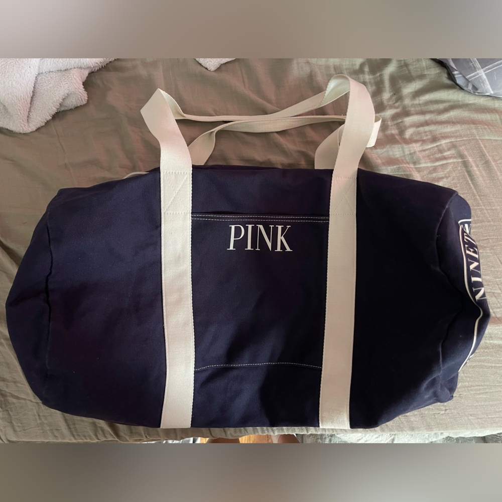 PINK Victoria's Secret Navy Blue and White Duffel Bag